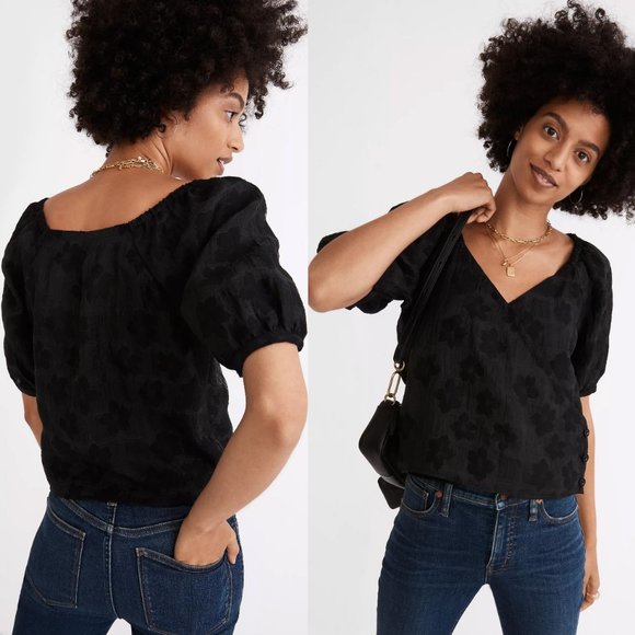 NEW Madewell Puff Short Sleeves Wrap Button Blouse Top in Floral Jacquard $92 S - Picture 6 of 11